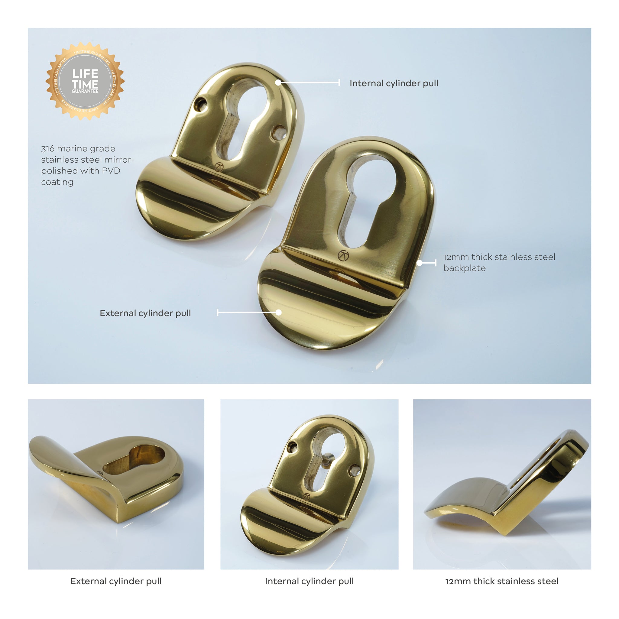 Contemporary Euro Cylinder Pull | PVD Stainless Polished Brass
