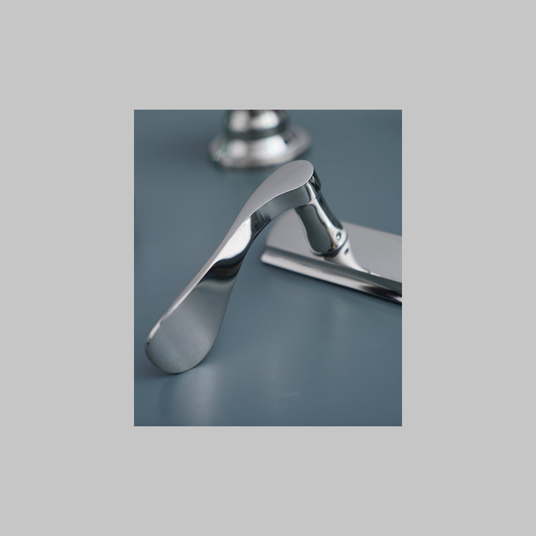 Polished stainless steel Regent lever door handle from Coastal Group on blue background