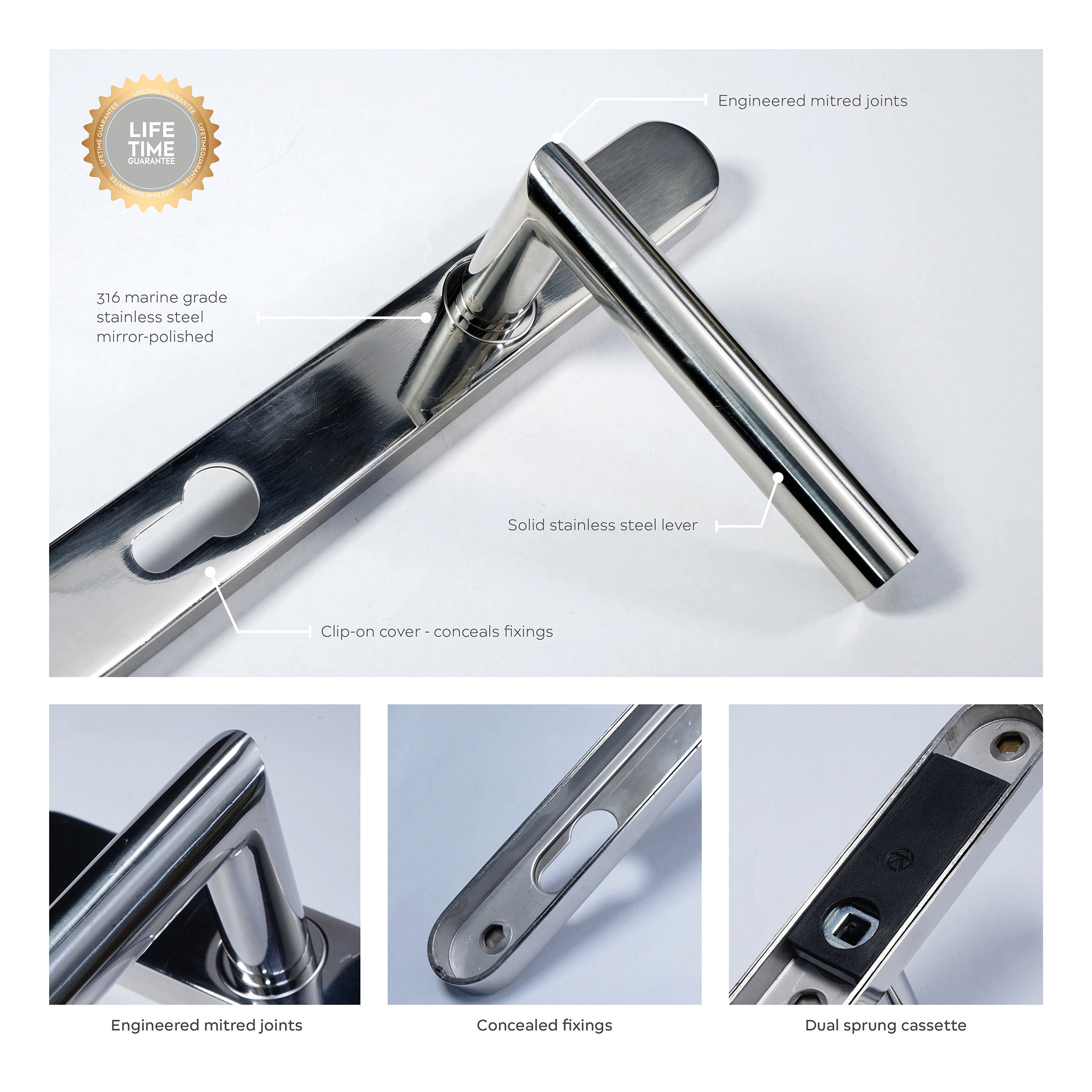 Mitre Lever Door Handle Sprung | Polished Stainless Steel