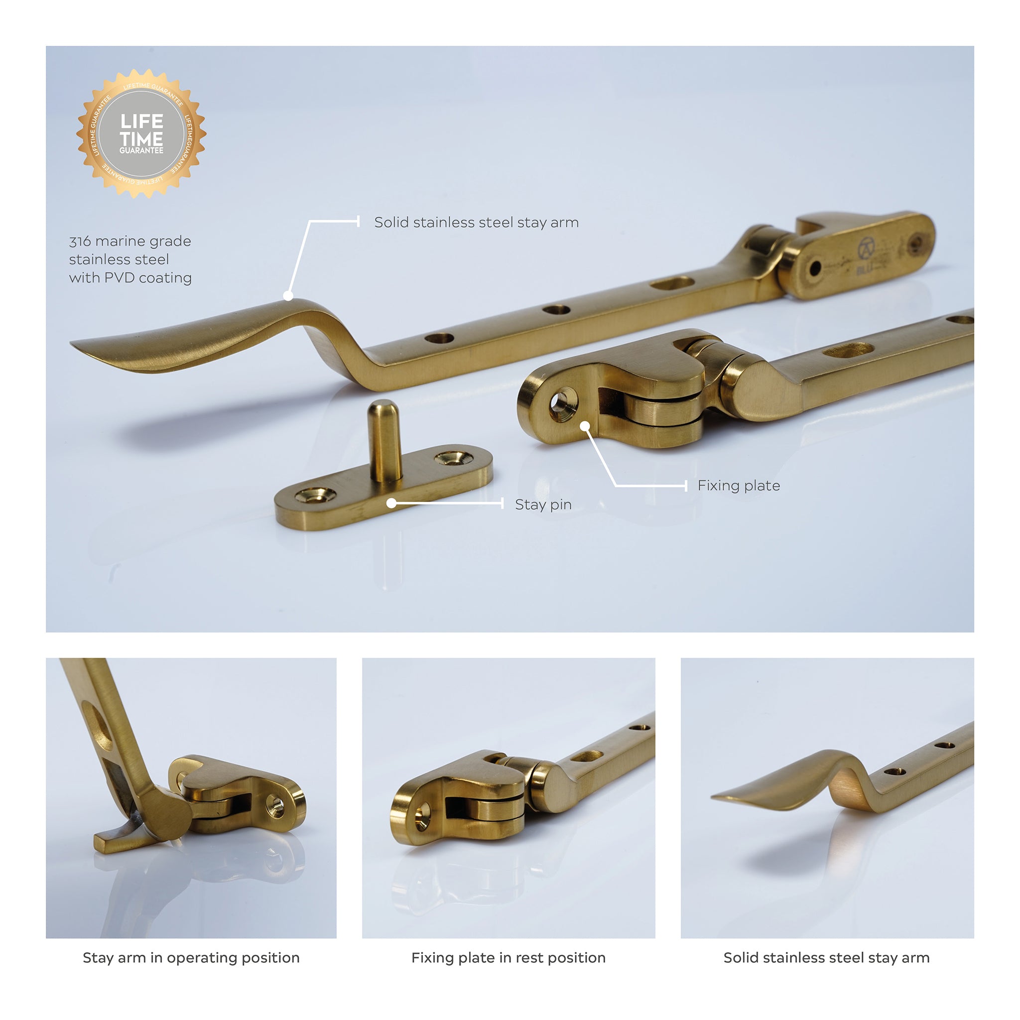 Regent Casement Window Stay | PVD Stainless Satin Brass