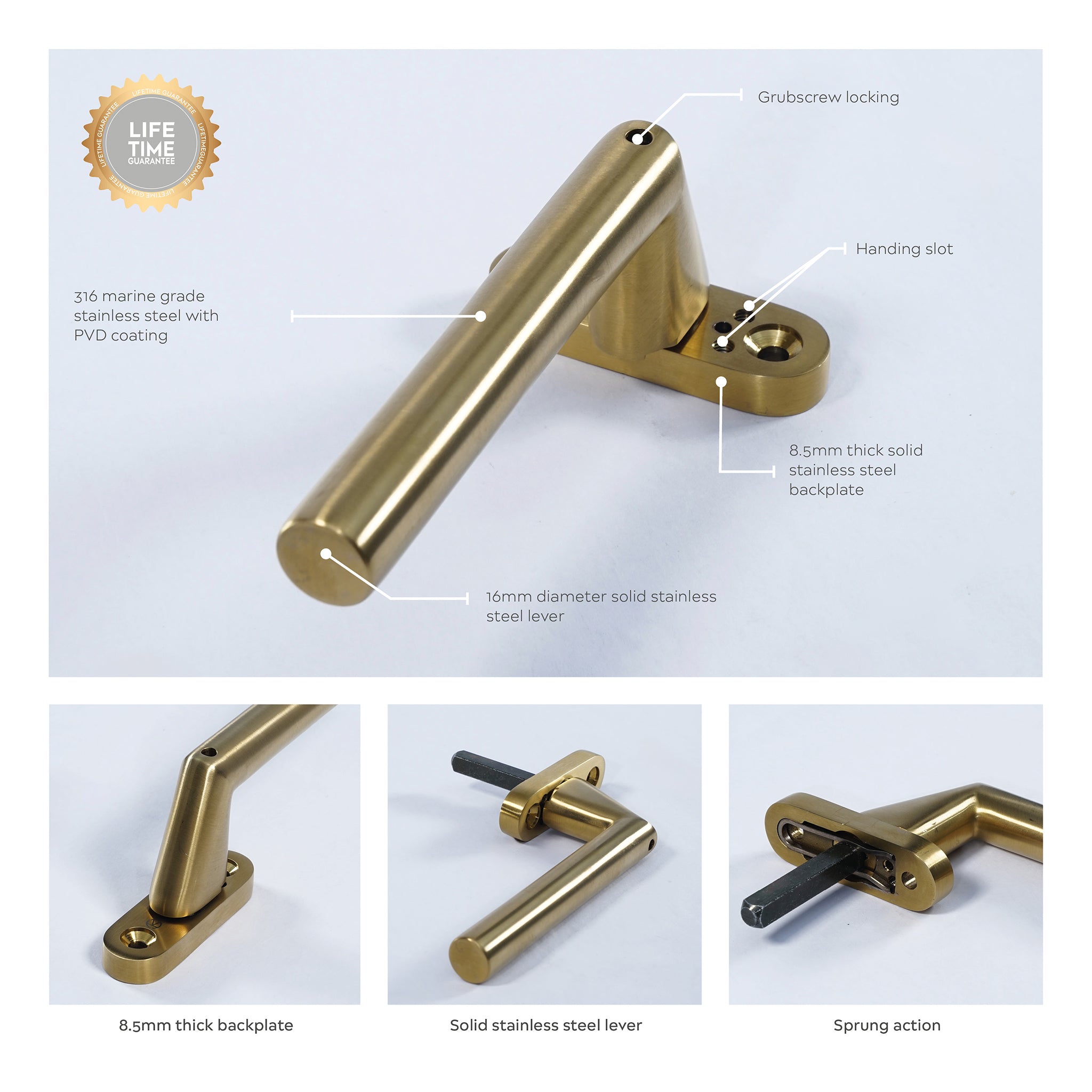 Inline Angled Narrow Window Espagnolette Handle | PVD Stainless Satin Brass