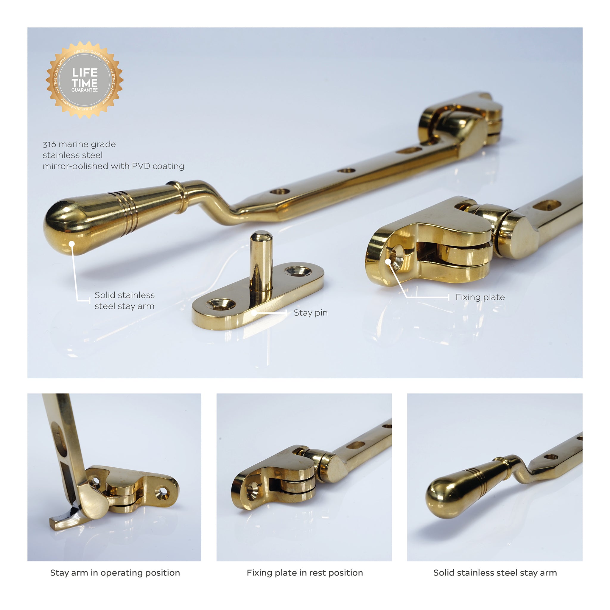 Opera Casement Window Stay | PVD Stainless Polished Brass