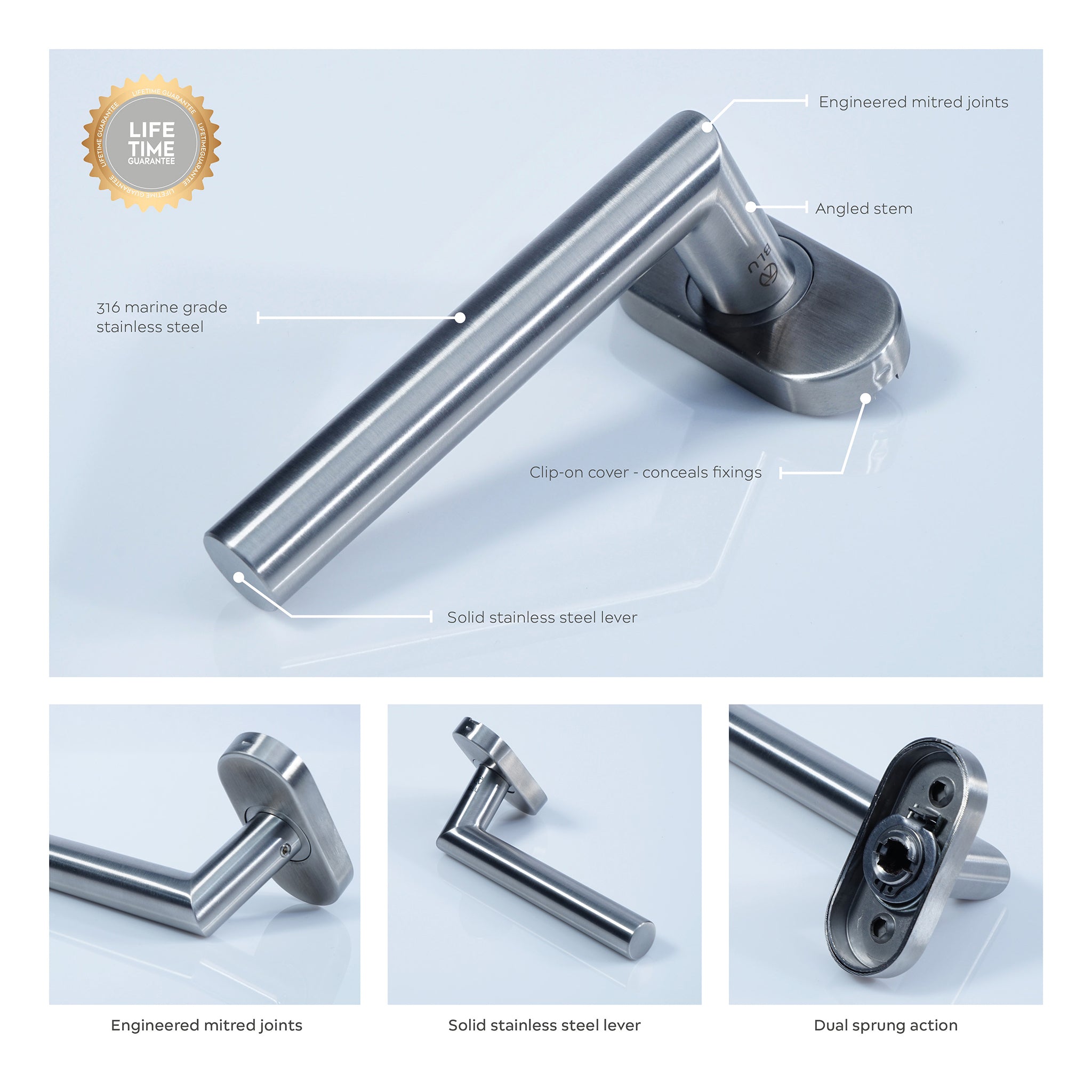 Angled Mitred Lever on Oval Rose | Satin Stainless Steel