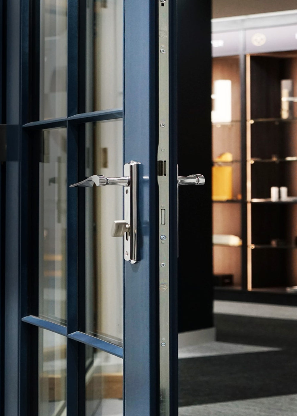 Close-up of a blue double door with a modern interior setting, featuring polished stainless steel lever handle.