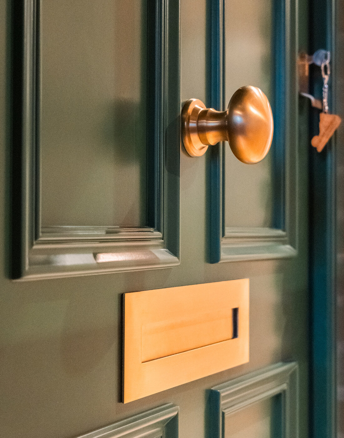 Close-up of a green door with Coastal's BLU satin brass doorknob, cylinder pull and letter plate.