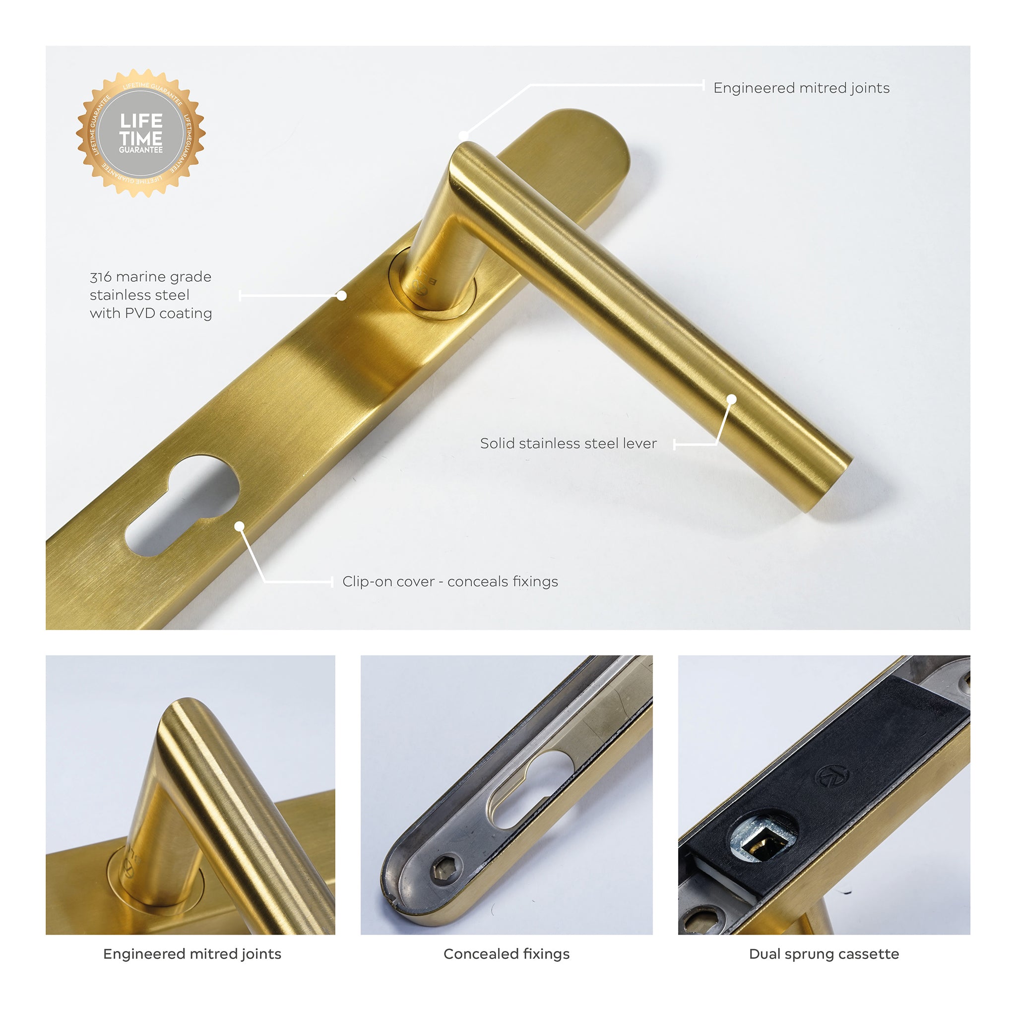 Mitre Lever Door Handle Sprung | PVD Stainless Satin Brass