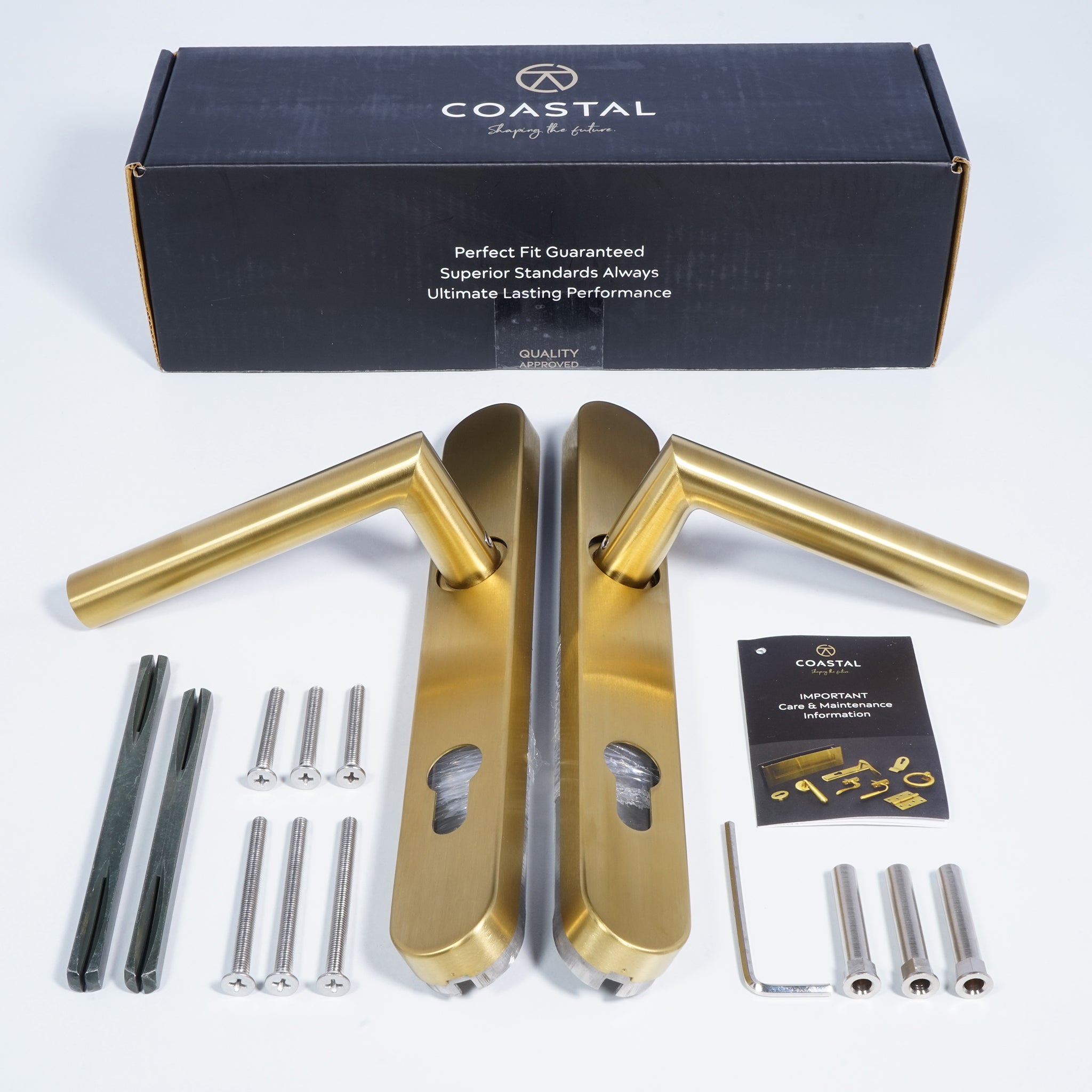 Mitre Lever Door Handle Sprung | PVD Stainless Satin Brass