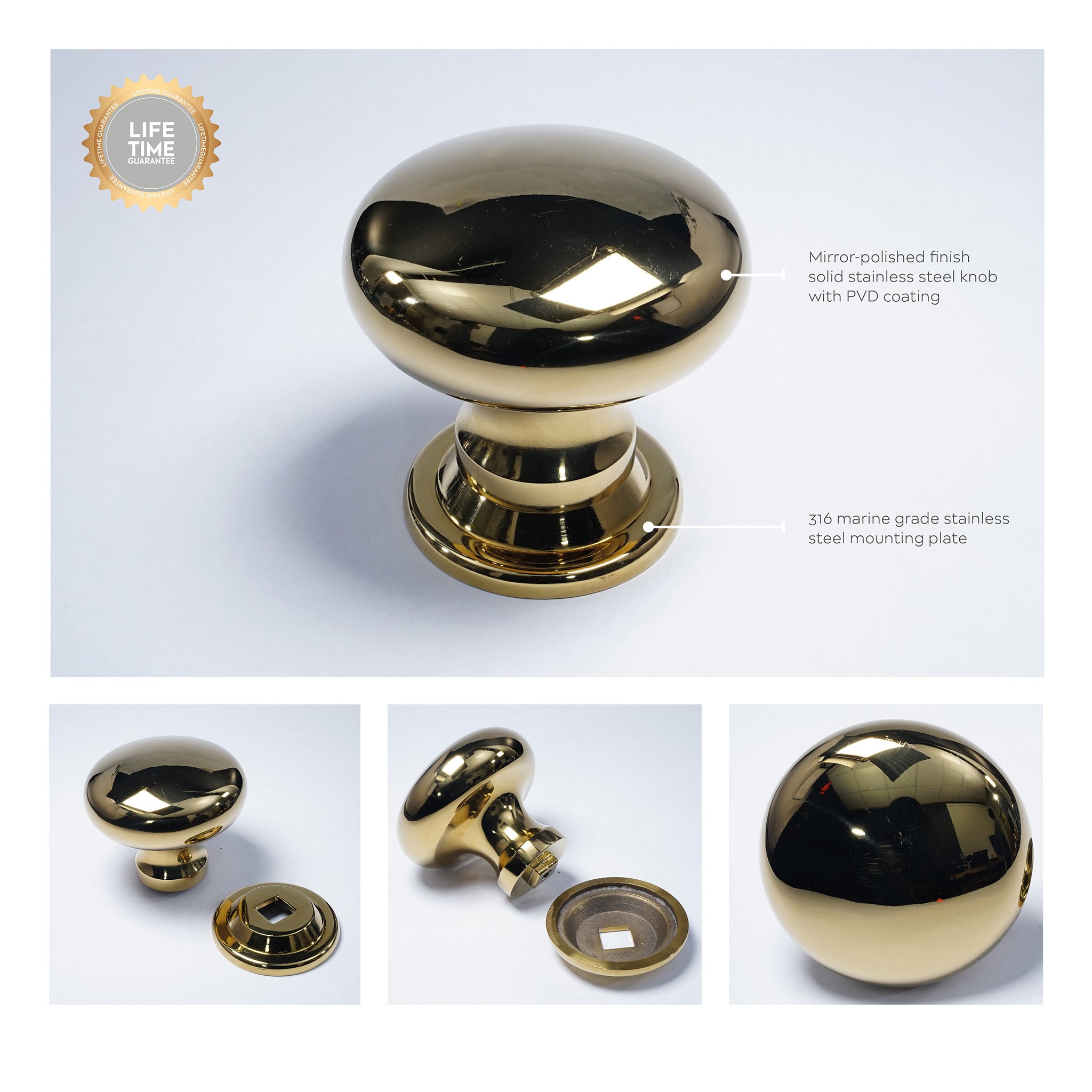 Round Centre Door Knob | PVD Stainless Polished Brass
