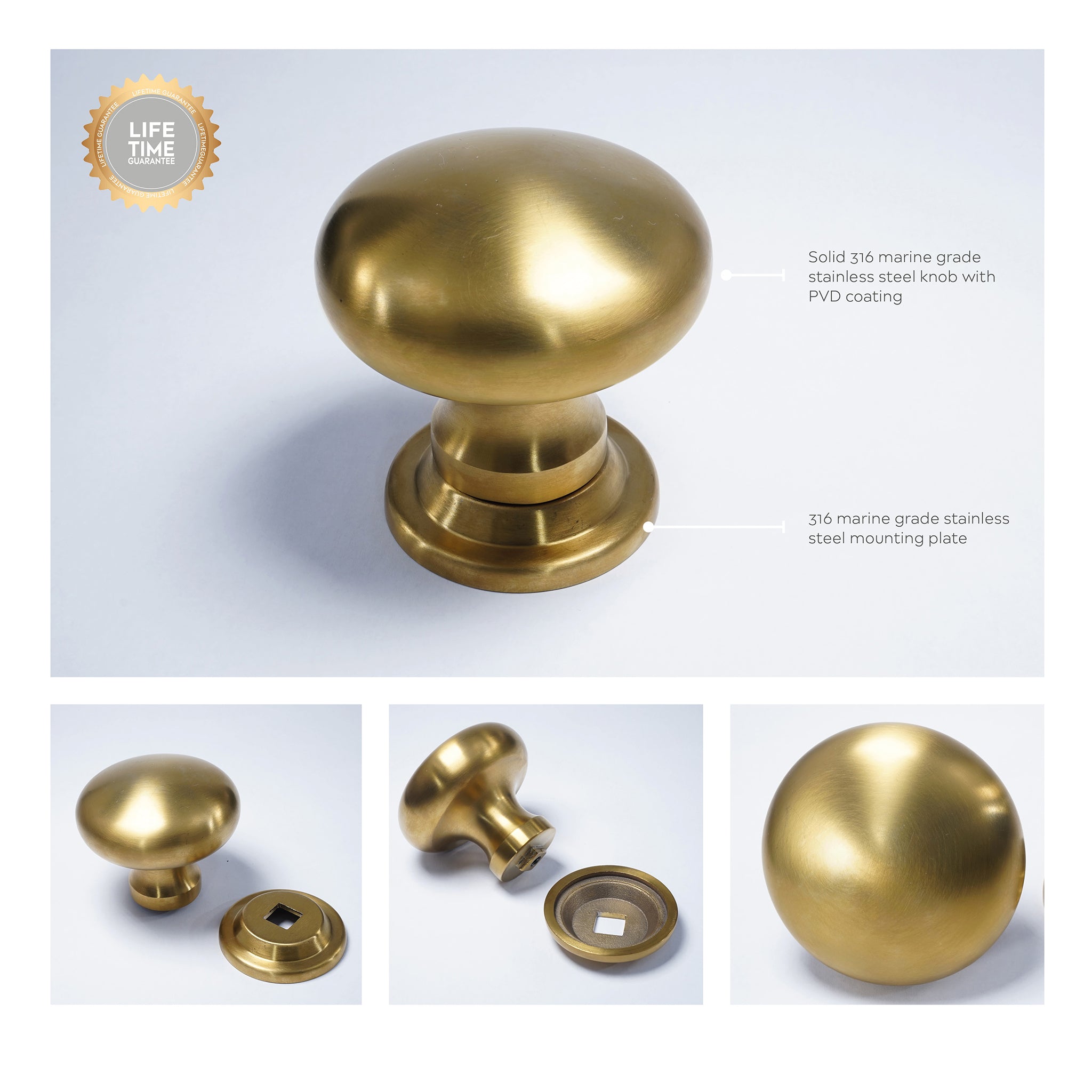 Round Centre Door Knob | PVD Stainless Satin Brass