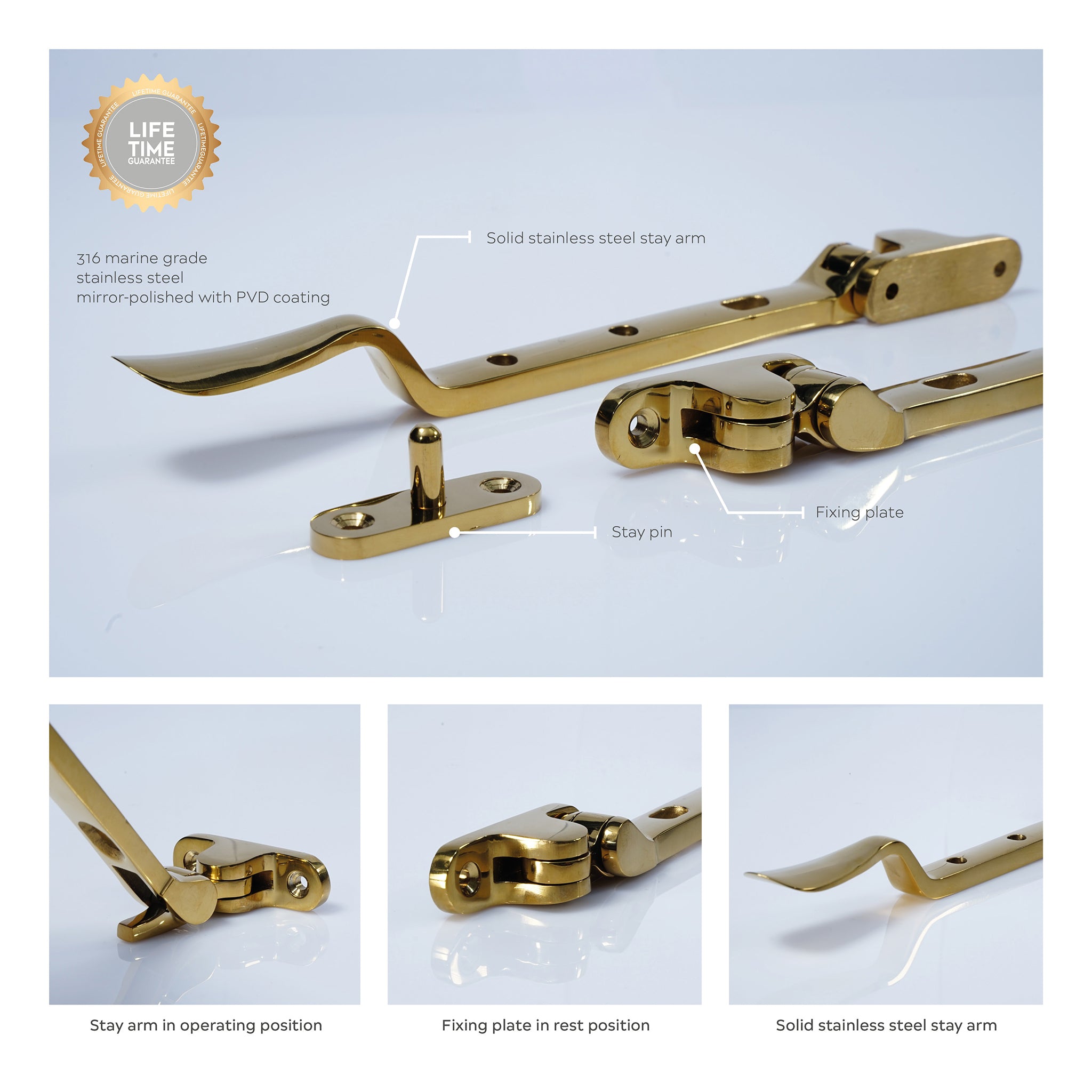 Regent Casement Window Stay | PVD Stainless Polished Brass
