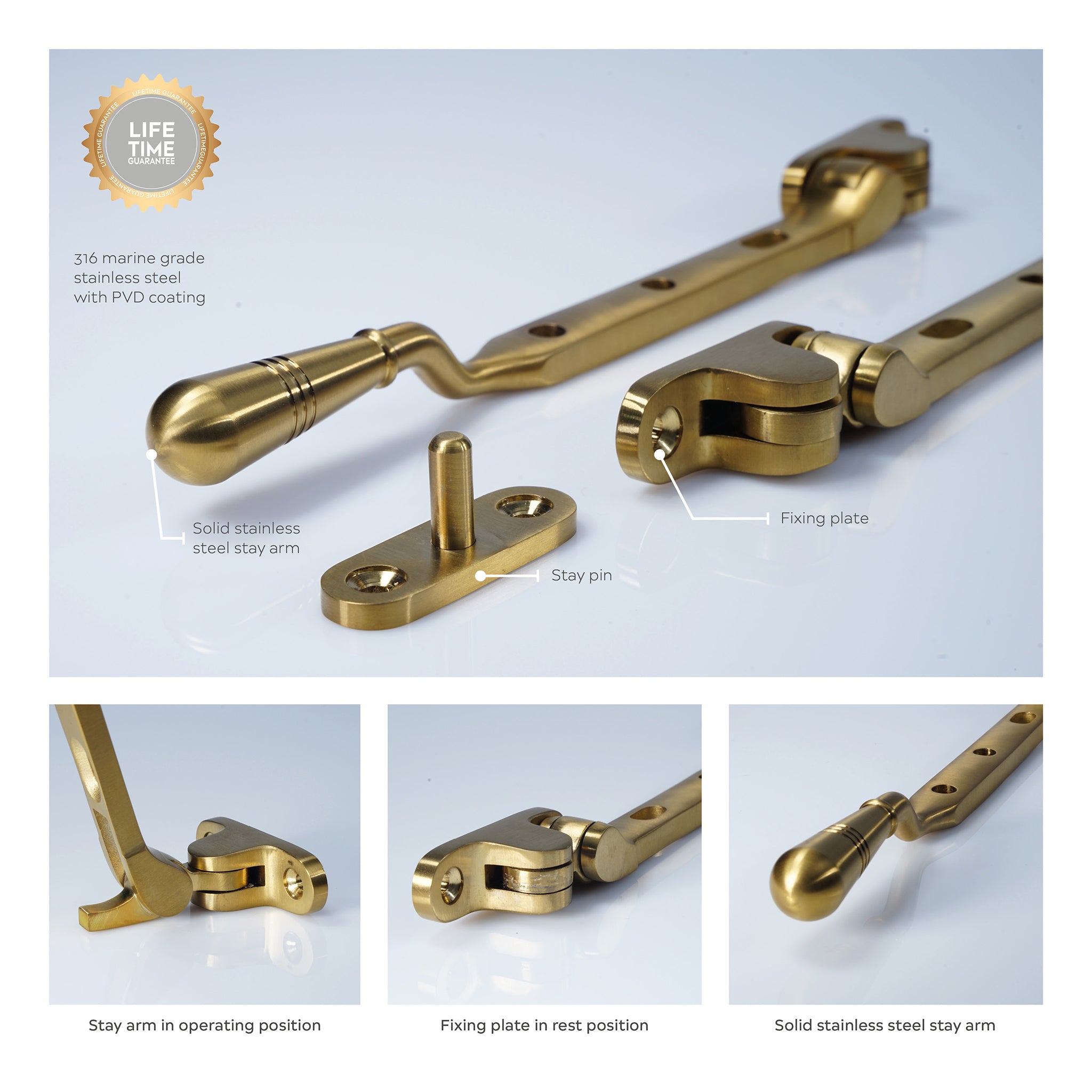 Opera Casement Window Stay | PVD Stainless Satin Brass